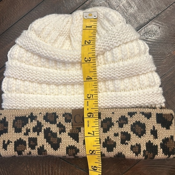 C.C. Brands Women's Cream with Leopard Print Cuff Knit Beanie - Picture 6 of 9